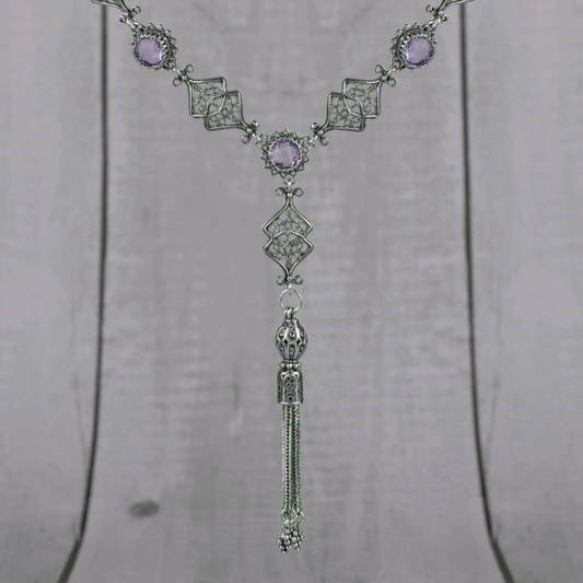 Filigree Art Amethyst / Blue Topaz Gemstone Women Silver Tassel Choker Necklace, Goodies N Stuff