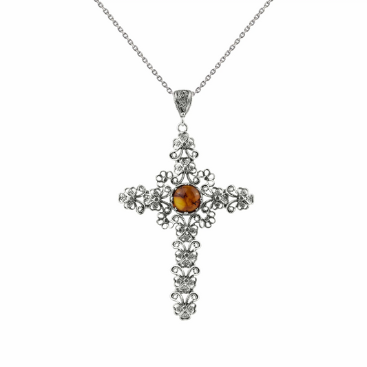 Filigree Art Amber Stone Silver Cross Design Women Pendant Necklace, Goodies N Stuff