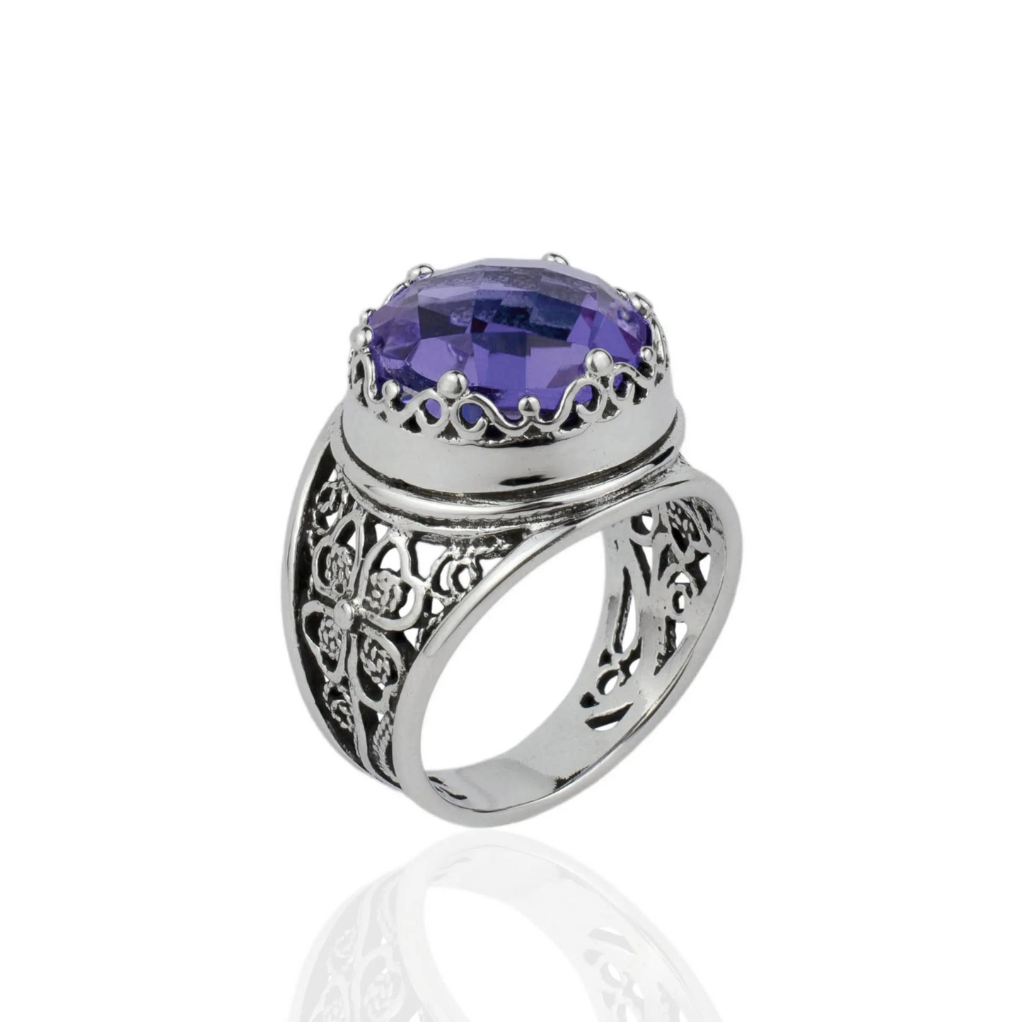 Filigree Art Amethyst Gemstone Women Crown Silver Statement Ring