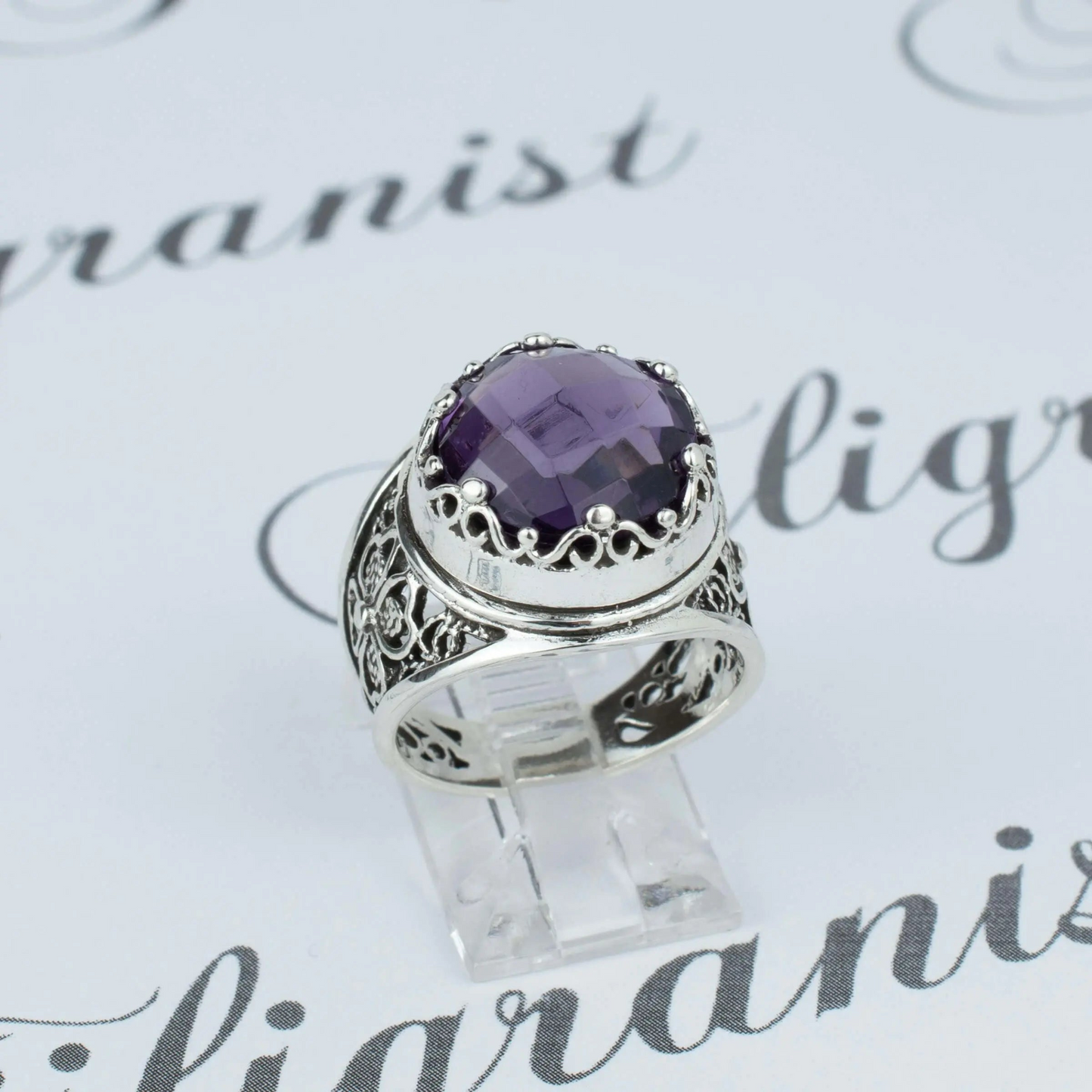 Filigree Art Amethyst Gemstone Women Crown Silver Statement Ring