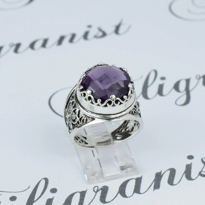 Filigree Art Amethyst Gemstone Women Crown Silver Statement Ring