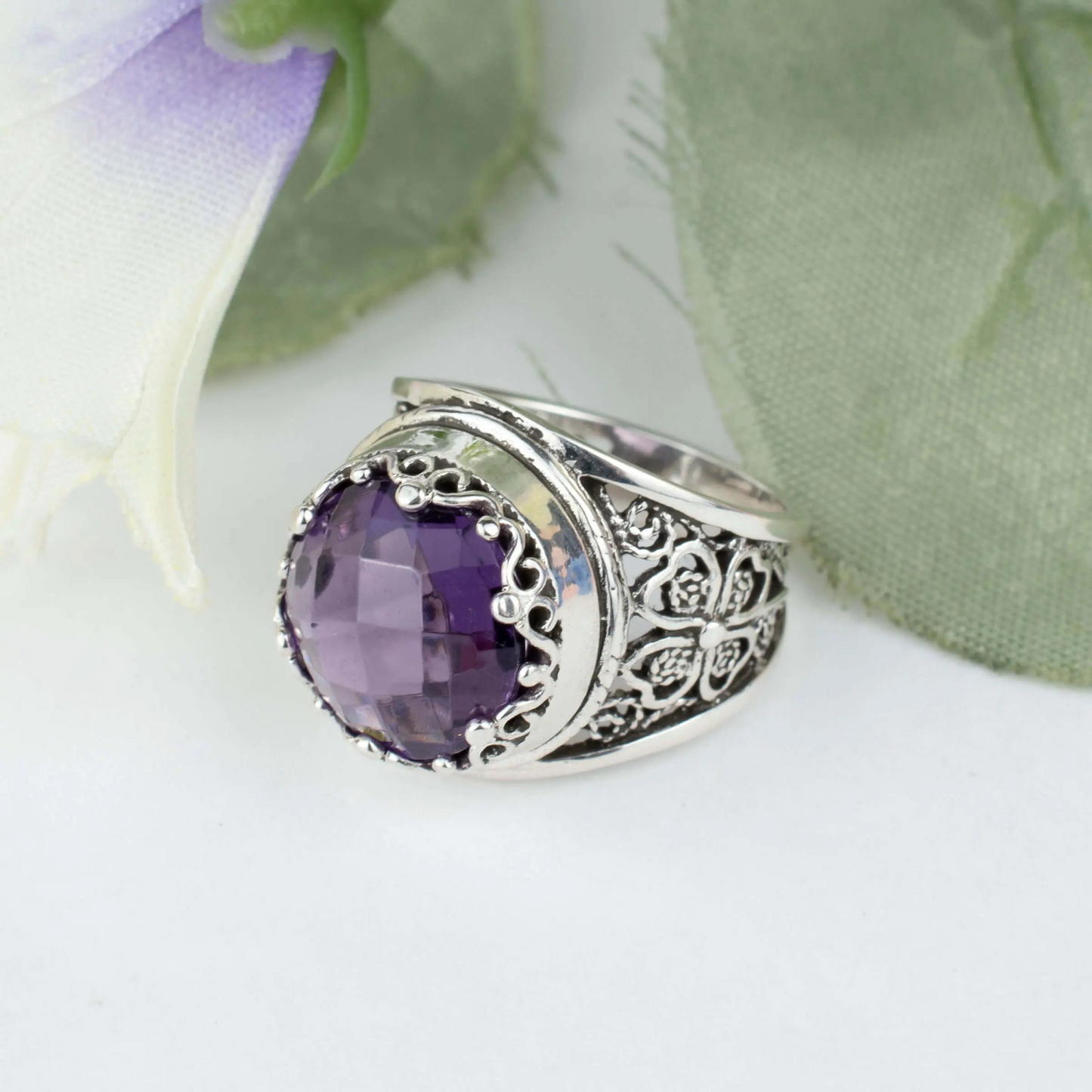 Filigree Art Amethyst Gemstone Women Crown Silver Statement Ring