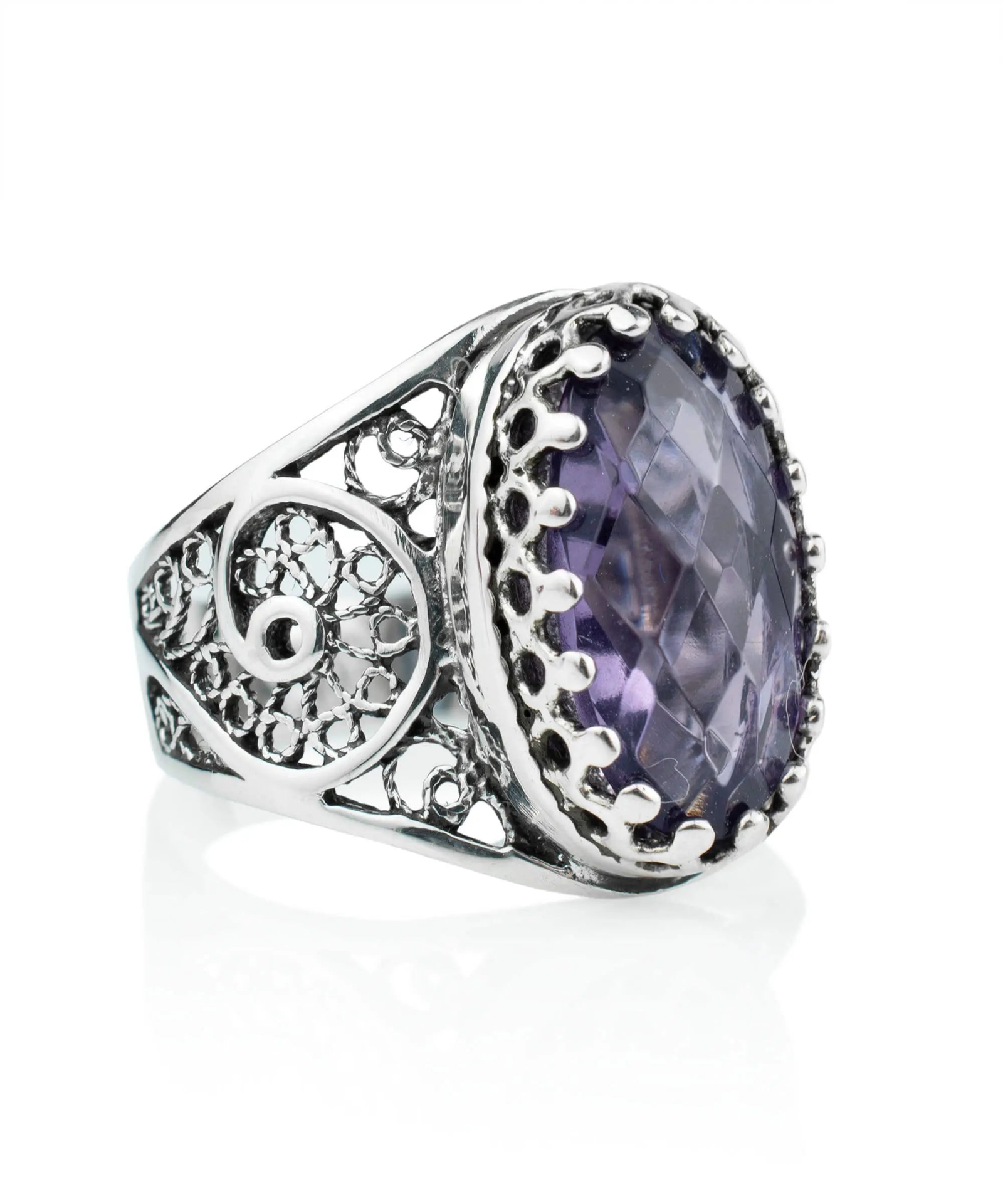 Filigree Art Amethyst Gemstone Women Oval Silver Cocktail Ring, Goodies N Stuff