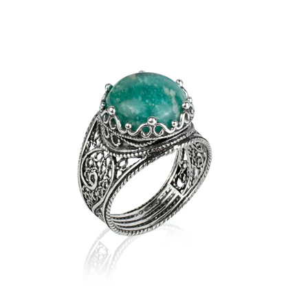 Filigree Art Amazonite Gemstone Crown Design Women Silver Statement Ring, Goodies N Stuff
