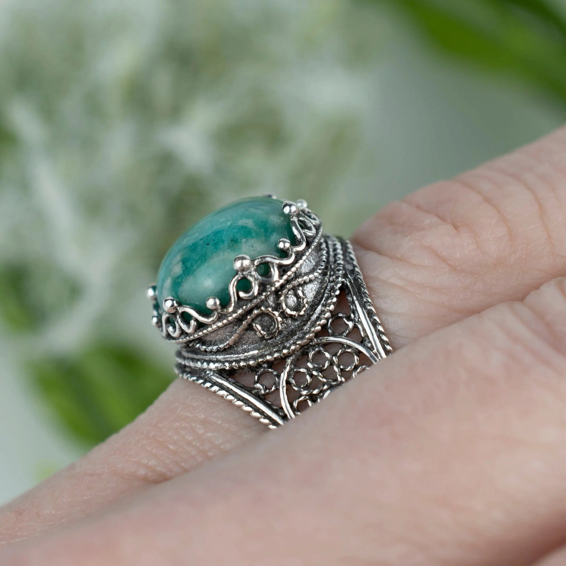 Filigree Art Amazonite Gemstone Crown Design Women Silver Statement Ring, Goodies N Stuff