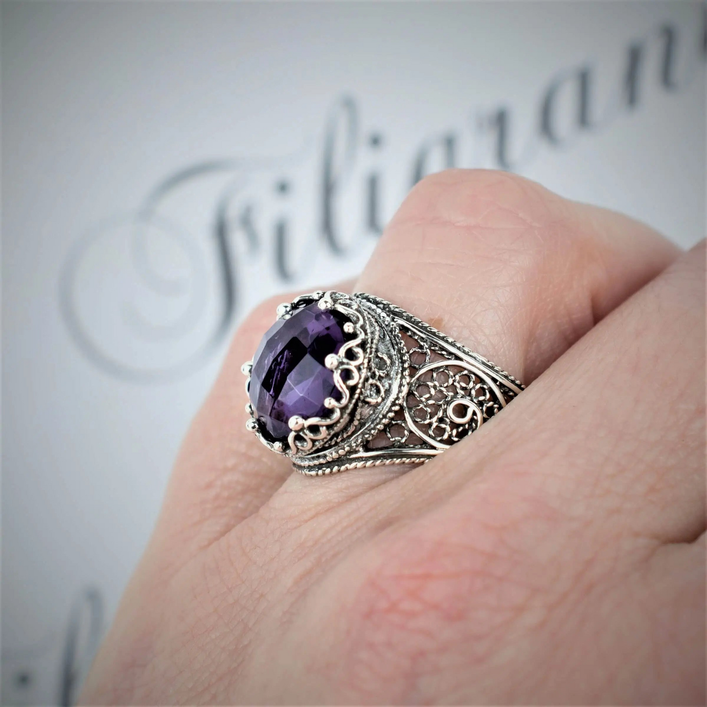 Filigree Art Amethyst Gemstone Crown Design Women Silver Statement Ring, Goodies N Stuff