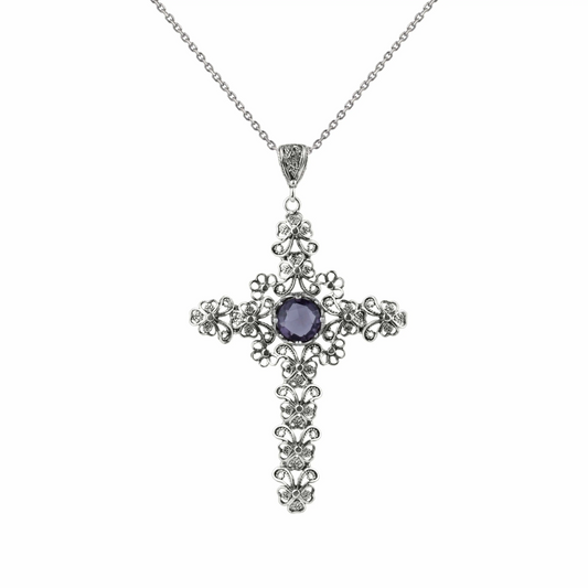 Filigree Art Amethyst Gemstone Silver Cross Design Women Pendant Necklace, Goodies N Stuff
