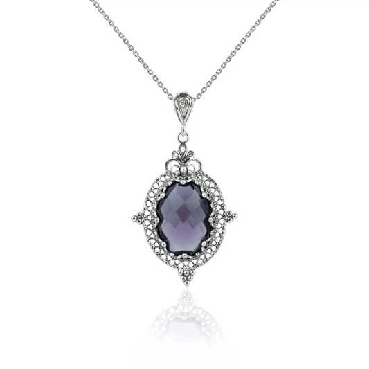 Filigree Art Amethyst Gemstone Women Silver Oval Pendant Necklace, Goodies N Stuff