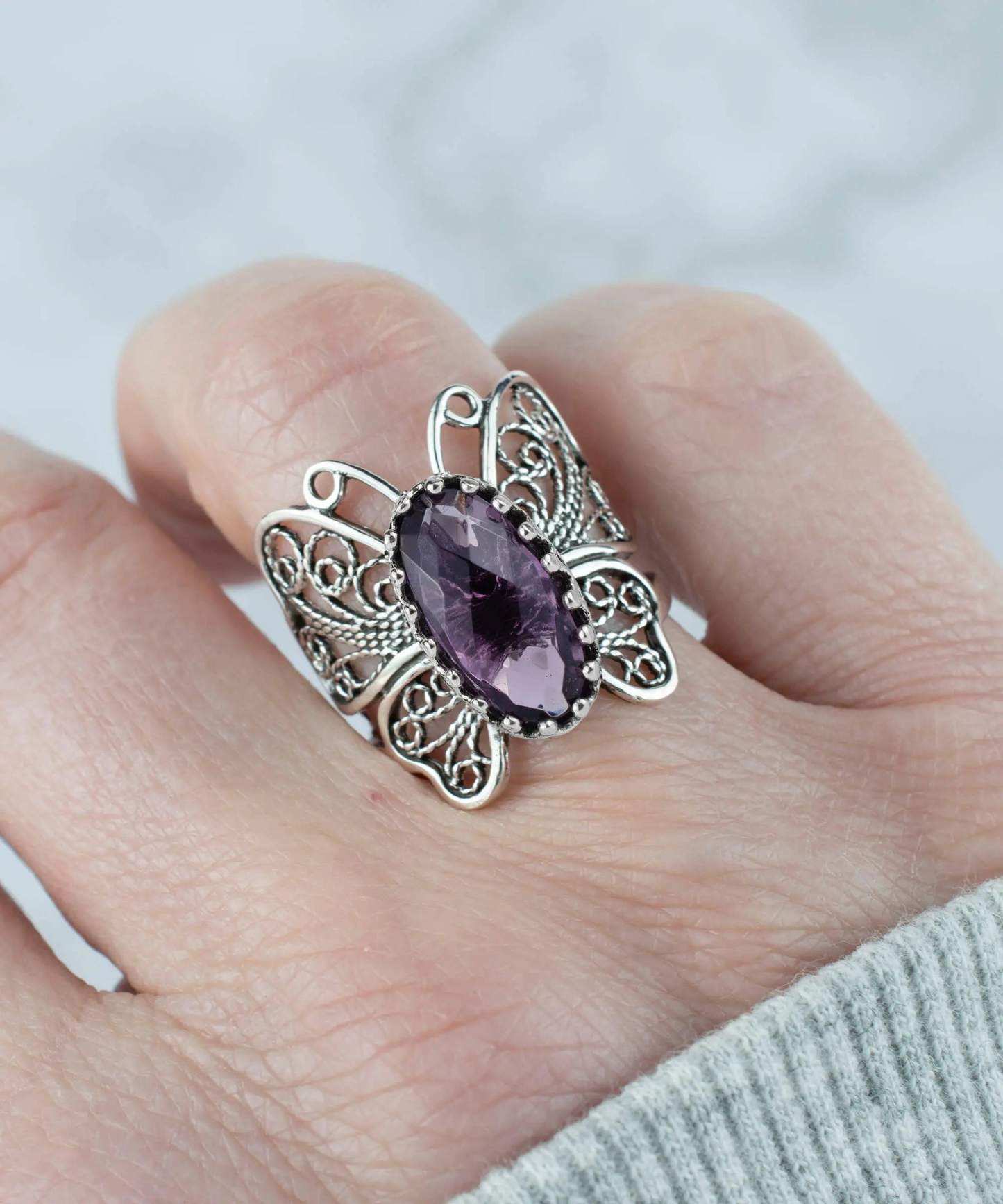 Filigree Art Amethyst Gemstone Butterfly Design Women Silver Cocktail Ring, Goodies N Stuff