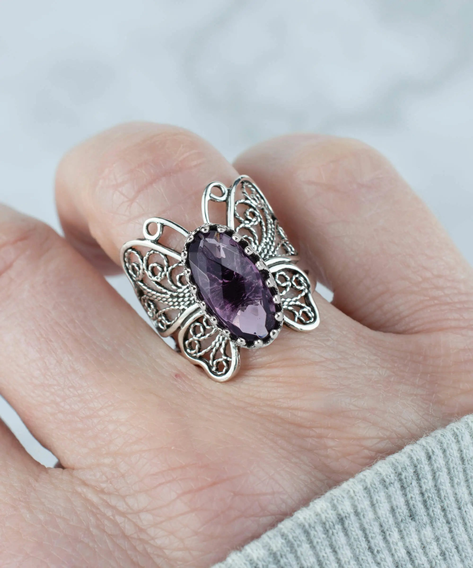 Filigree Art Amethyst Gemstone Butterfly Design Women Silver Cocktail Ring, Goodies N Stuff