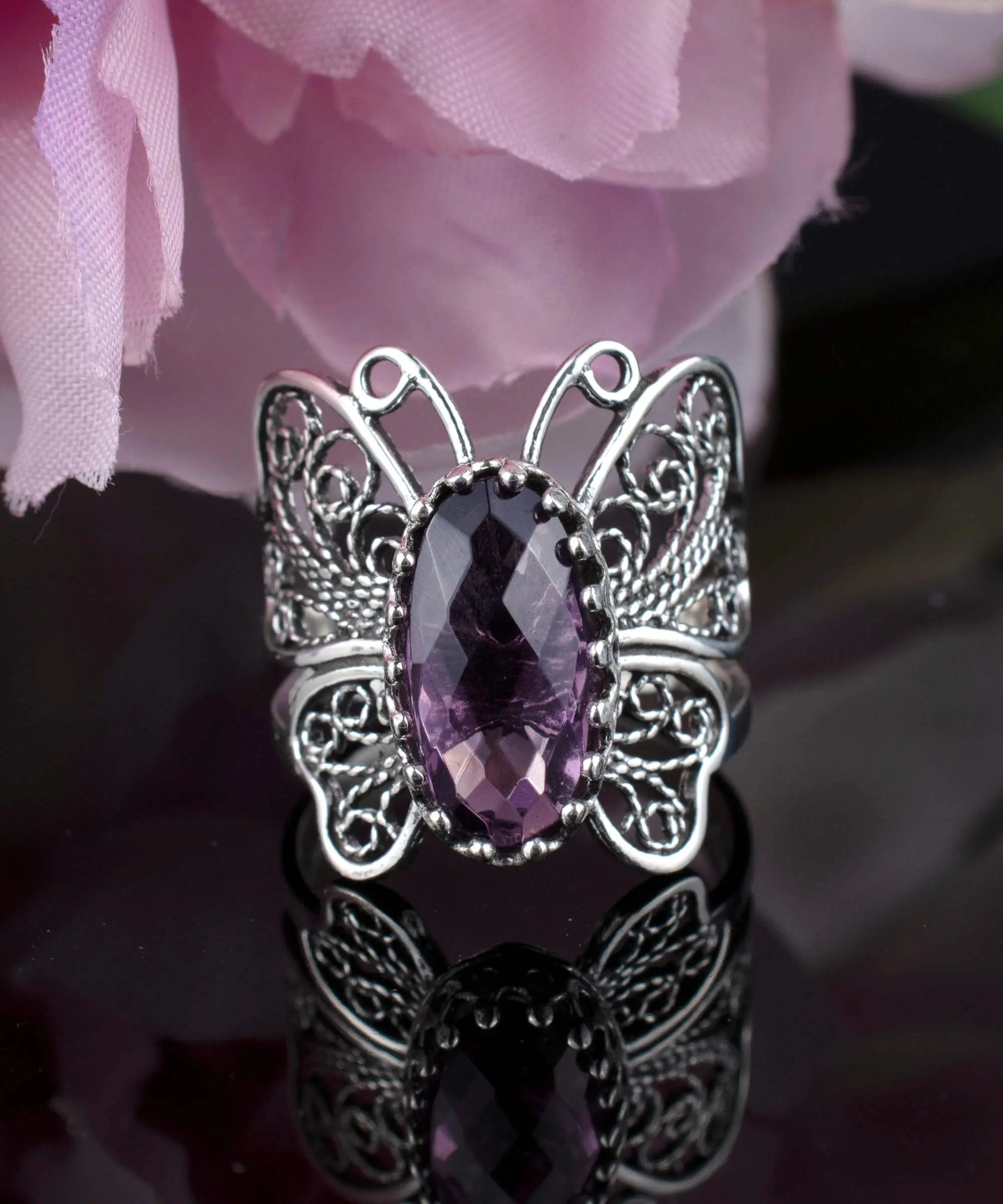 Filigree Art Amethyst Gemstone Butterfly Design Women Silver Cocktail Ring, Goodies N Stuff