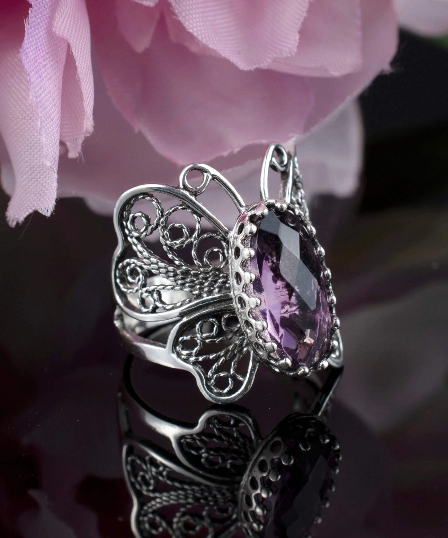 Filigree Art Amethyst Gemstone Butterfly Design Women Silver Cocktail Ring, Goodies N Stuff