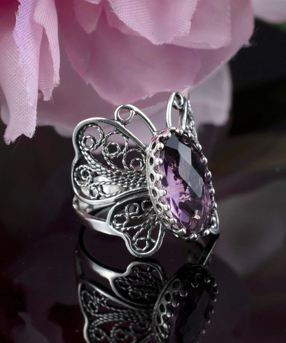 Filigree Art Amethyst Gemstone Butterfly Design Women Silver Cocktail Ring, Goodies N Stuff