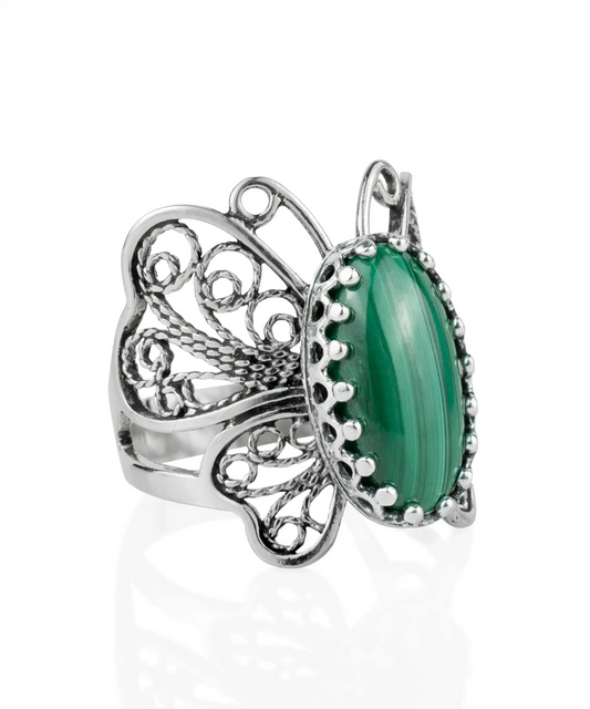 Filigree Art Malachite Gemstone Butterfly Design Women Silver Cocktail Ring, Goodies N Stuff