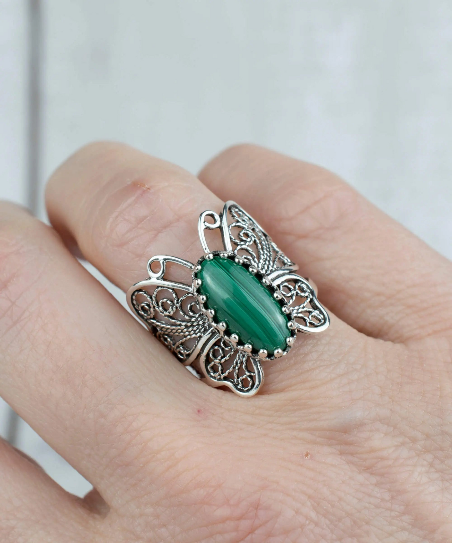 Filigree Art Malachite Gemstone Butterfly Design Women Silver Cocktail Ring, Goodies N Stuff