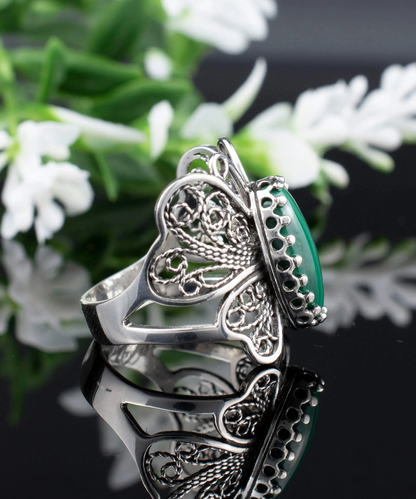 Filigree Art Malachite Gemstone Butterfly Design Women Silver Cocktail Ring, Goodies N Stuff