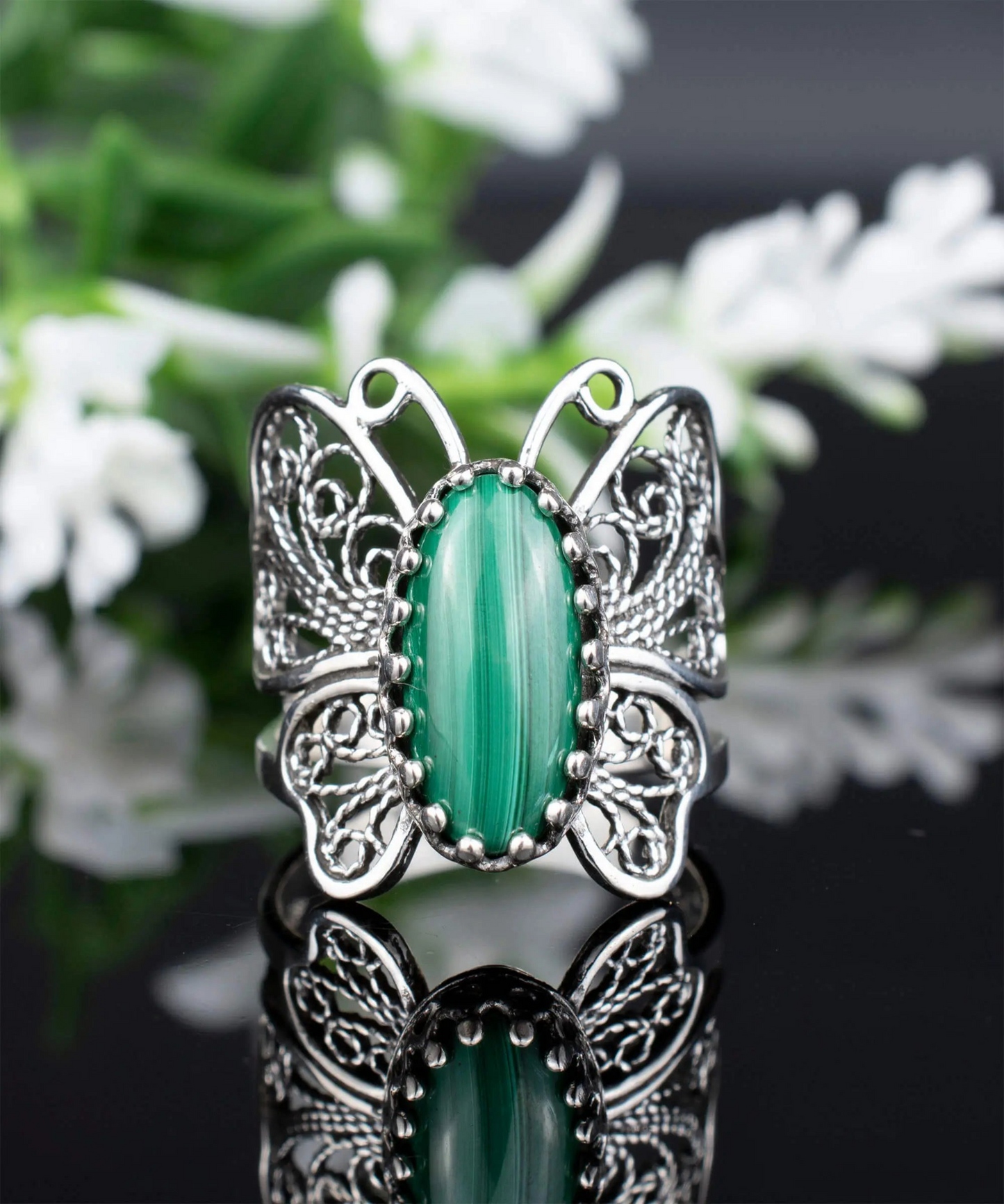 Filigree Art Malachite Gemstone Butterfly Design Women Silver Cocktail Ring, Goodies N Stuff