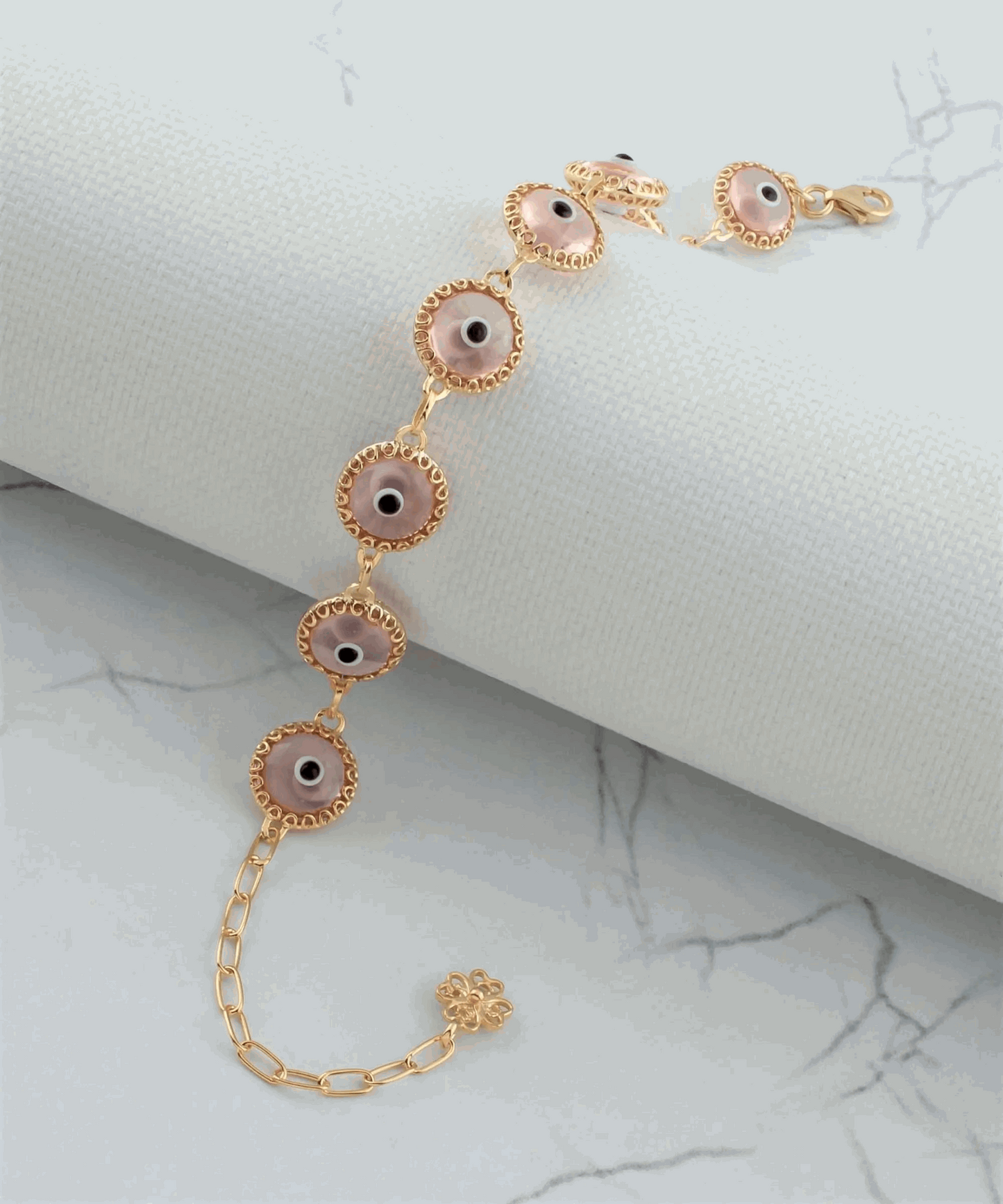 10 Beads Pink Evil Eye Women Gold Plated Silver Link Bracelet