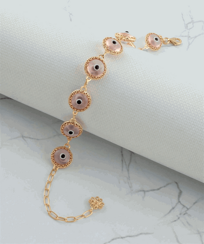 10 Beads Pink Evil Eye Women Gold Plated Silver Link Bracelet