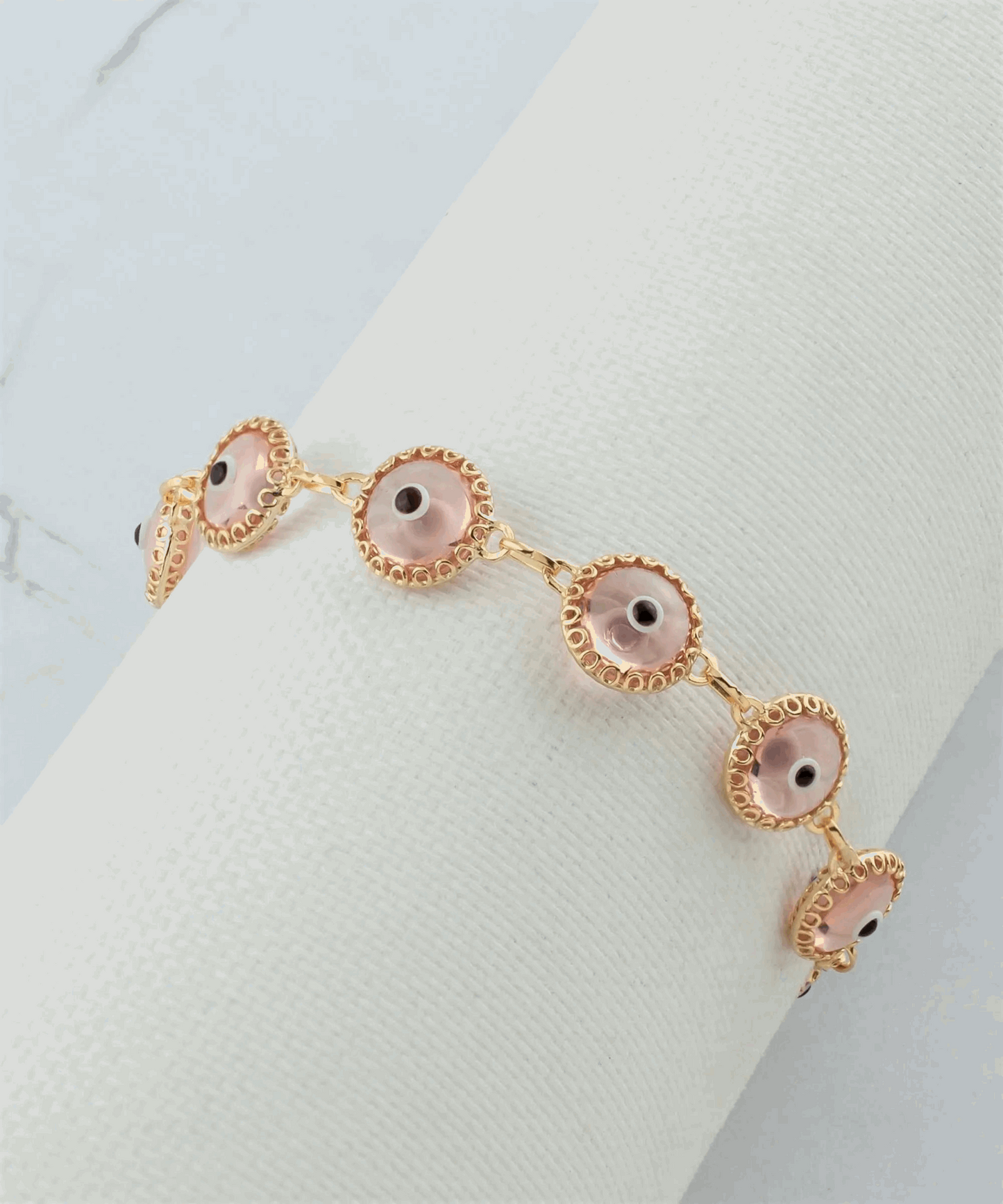 10 Beads Pink Evil Eye Women Gold Plated Silver Link Bracelet