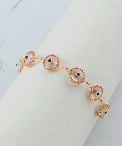 10 Beads Pink Evil Eye Women Gold Plated Silver Link Bracelet