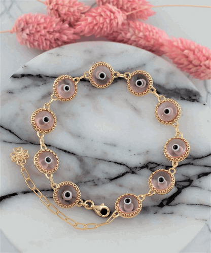 10 Beads Pink Evil Eye Women Gold Plated Silver Link Bracelet