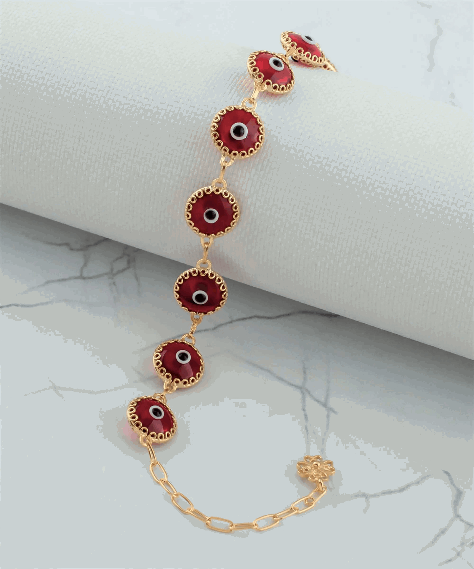 10 Beads Red Evil Eye Women Gold Plated Silver Link Bracelet