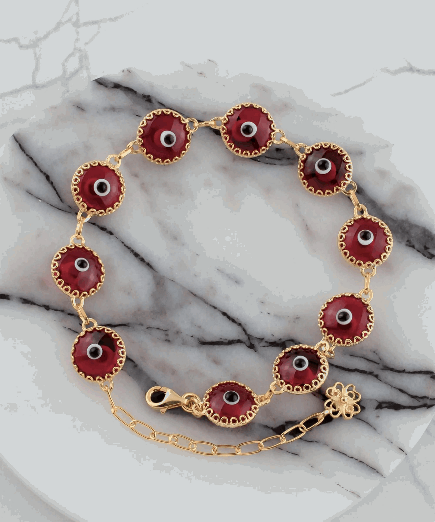 10 Beads Red Evil Eye Women Gold Plated Silver Link Bracelet