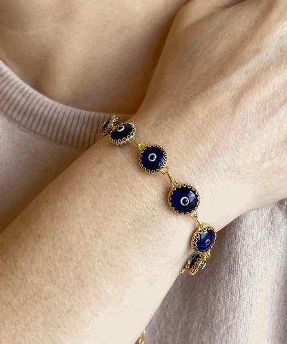 10 Beads Dark Blue Evil Eye Women Gold Plated Silver Link Bracelet