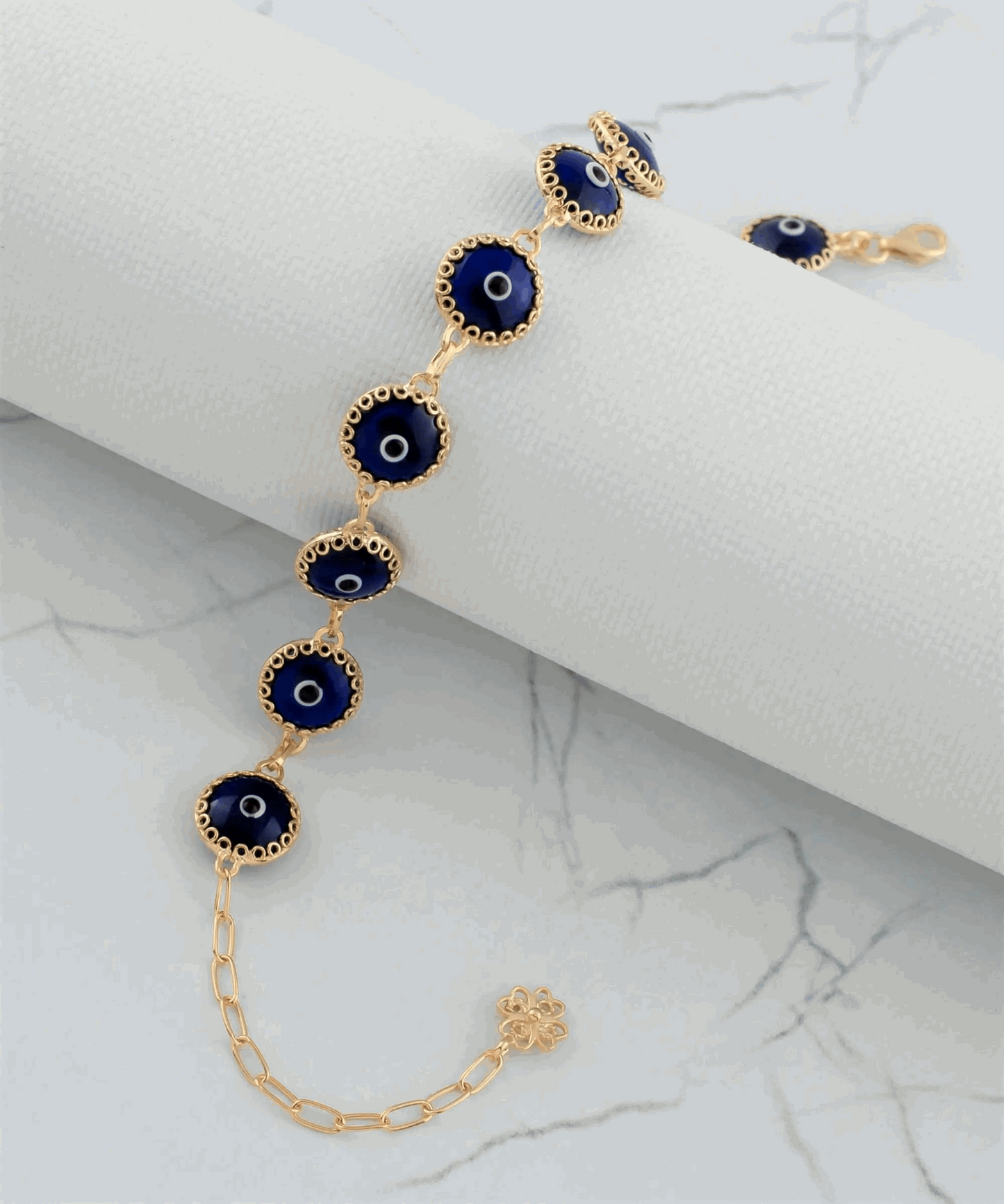 10 Beads Dark Blue Evil Eye Women Gold Plated Silver Link Bracelet