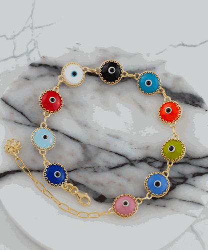 10 Beads Multicolor Evil Eye Women Gold Plated Silver Link Bracelet