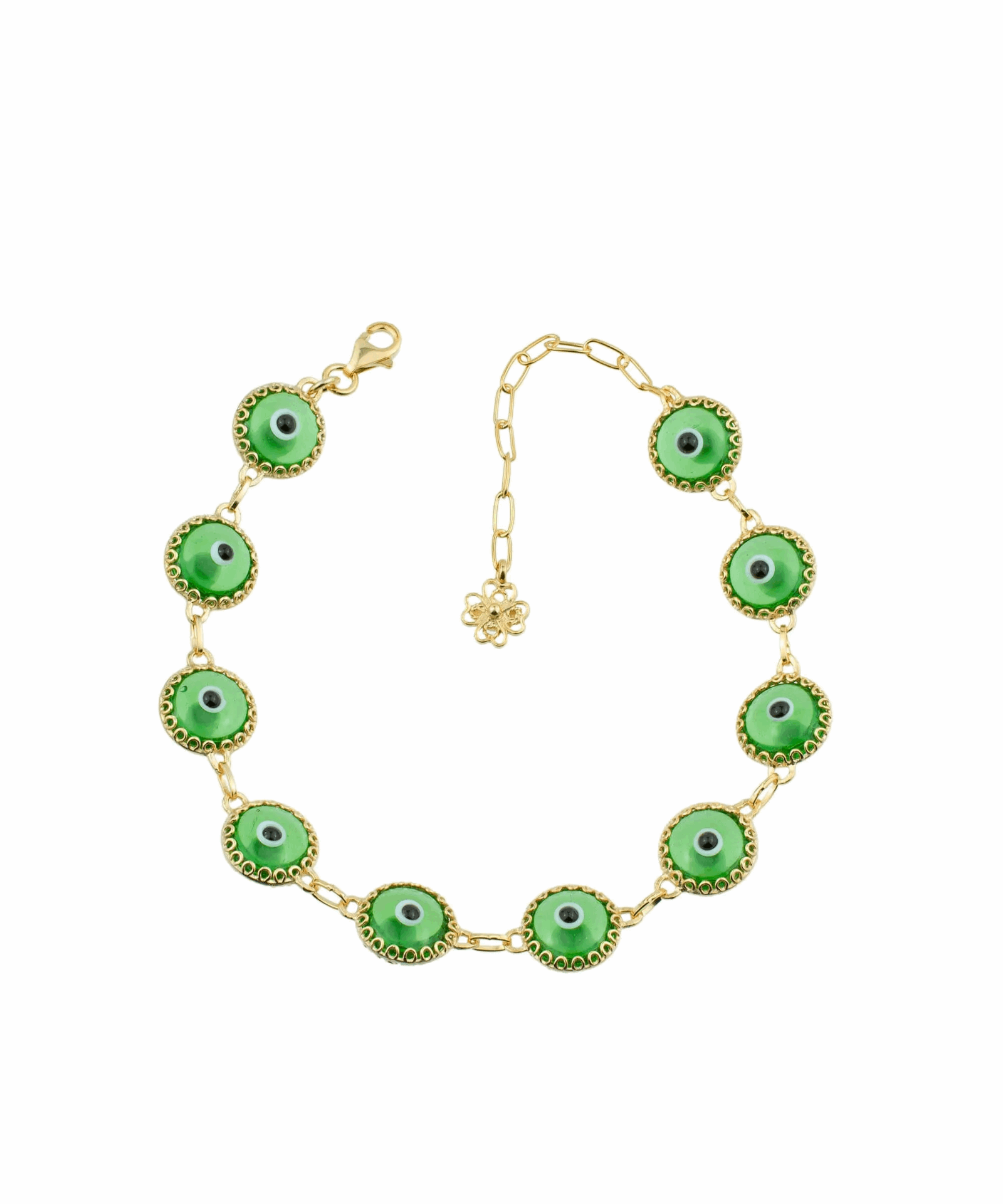 10 Beads Mint Green Evil Eye Women Gold Plated Silver Link Bracelet