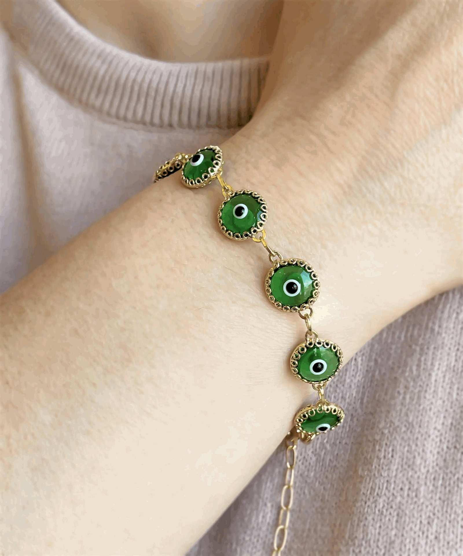 10 Beads Mint Green Evil Eye Women Gold Plated Silver Link Bracelet