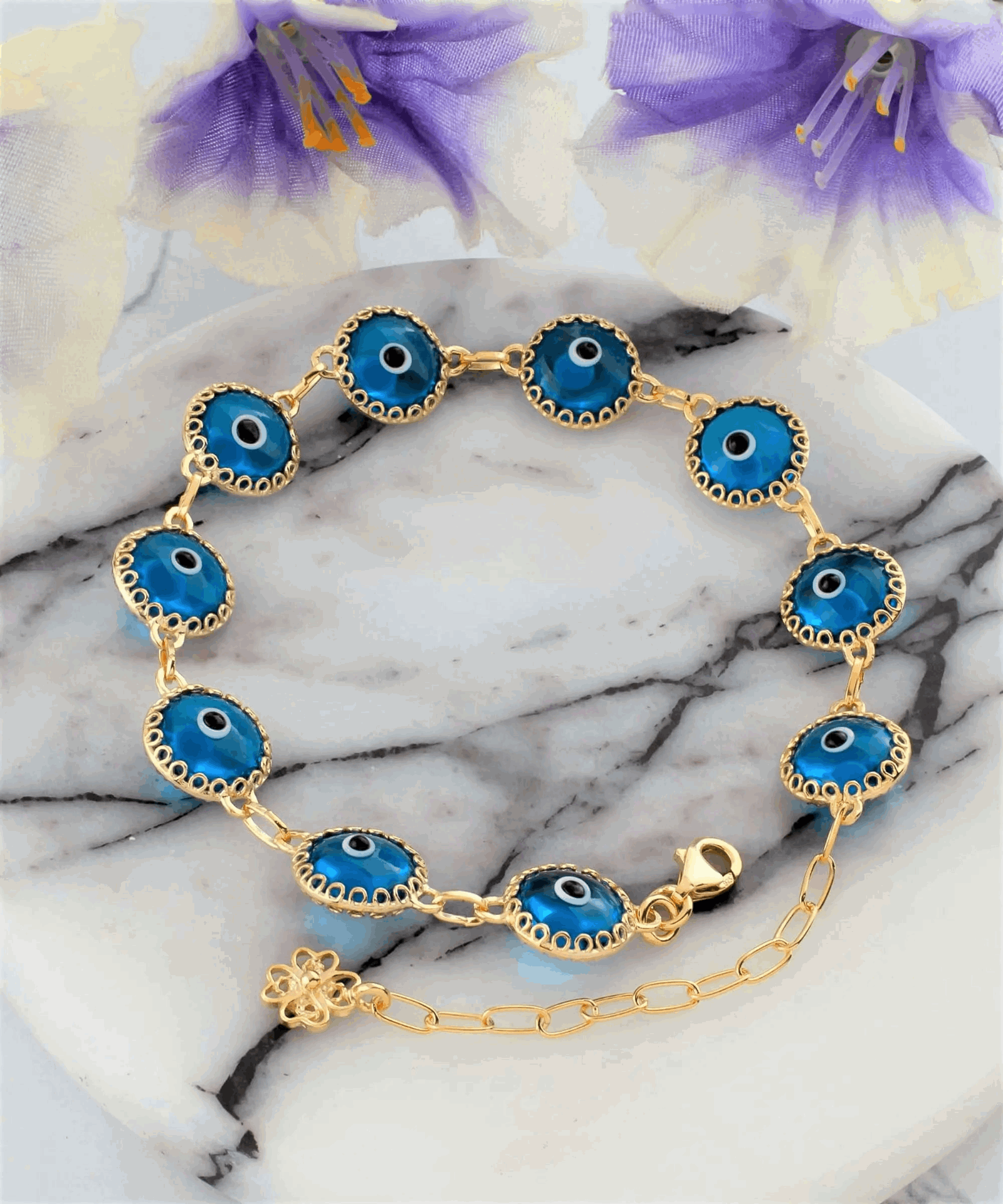 10 Beads Lapis Blue Evil Eye Women Gold Plated Silver Link Bracelet