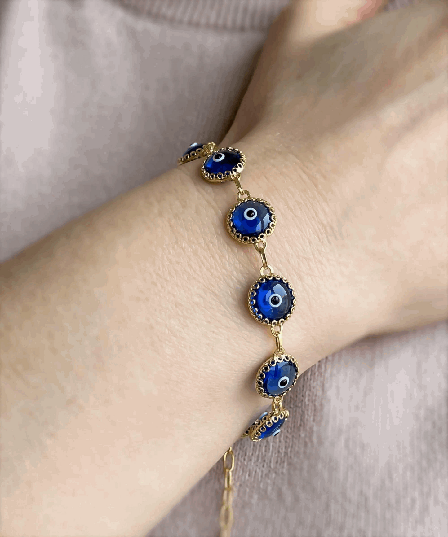 10 Beads Blue Evil Eye Women Gold Plated Silver Link Bracelet