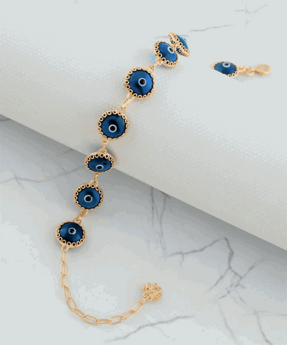 10 Beads Blue Evil Eye Women Gold Plated Silver Link Bracelet