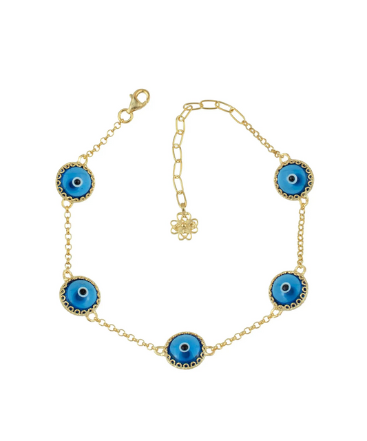 5 Beads Blue Evil Eye Women Gold Plated Silver Link Bracelet, Goodies N Stuff