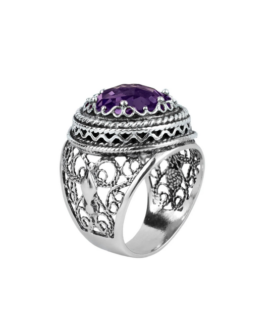 Filigree Art Amethyst Gemstone Women Silver Bold Statement Ring, Goodies N Stuff