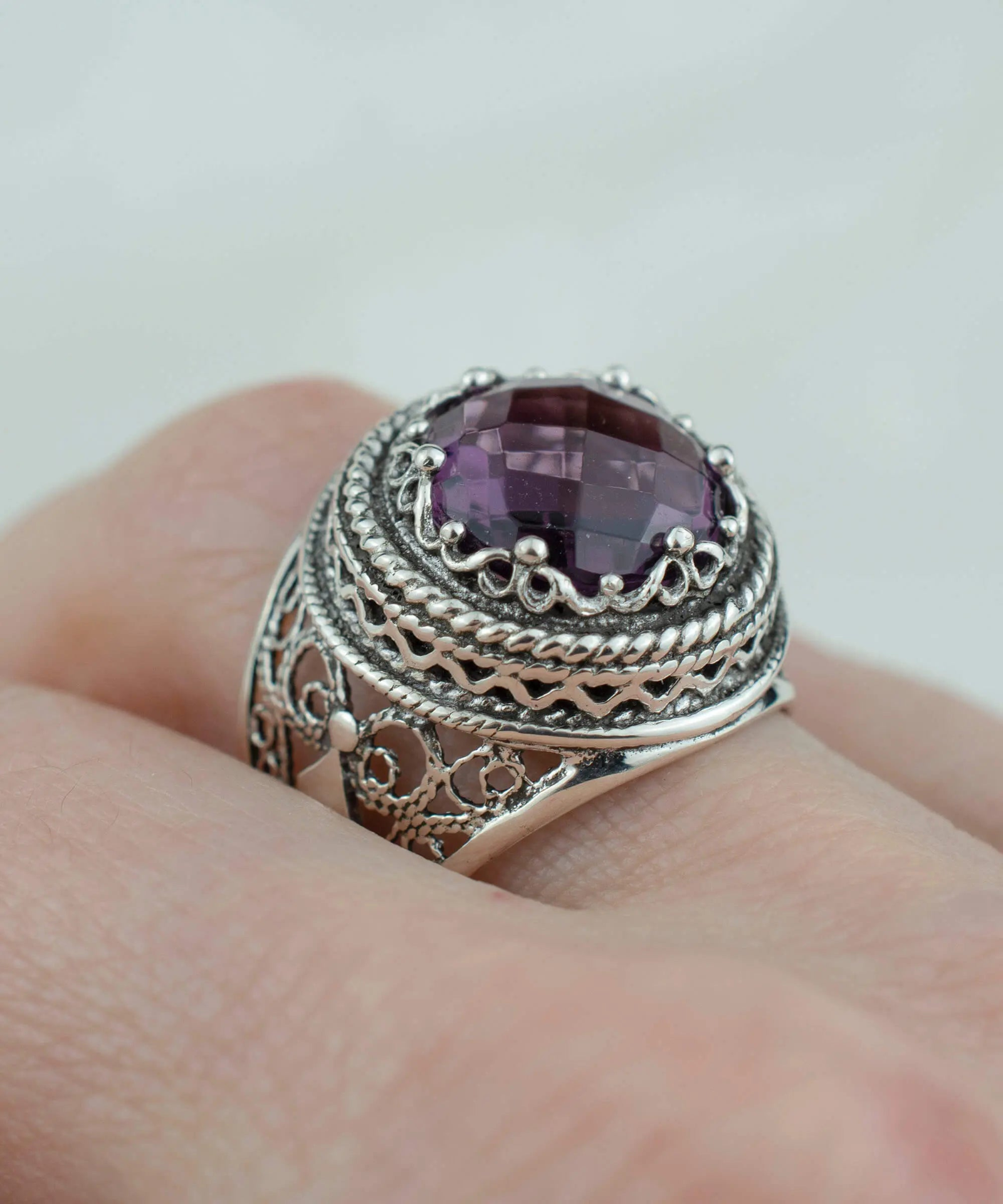 Filigree Art Amethyst Gemstone Women Silver Bold Statement Ring, Goodies N Stuff