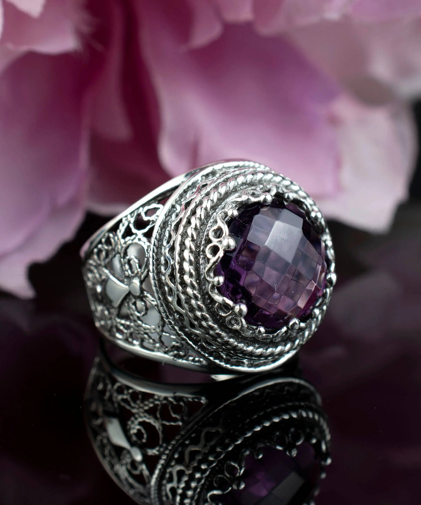 Filigree Art Amethyst Gemstone Women Silver Bold Statement Ring, Goodies N Stuff