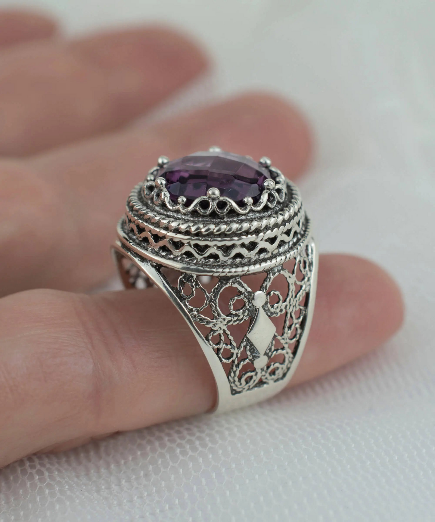 Filigree Art Amethyst Gemstone Women Silver Bold Statement Ring, Goodies N Stuff