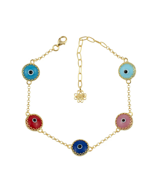 5 Beads Multi Color Evil Eye Women Gold Plated Silver Link Bracelet, Goodies N Stuff
