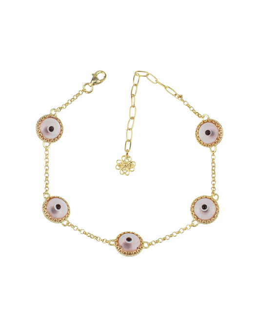 5 Beads Pink Evil Eye Women Gold Plated Silver Link Bracelet, Goodies N Stuff