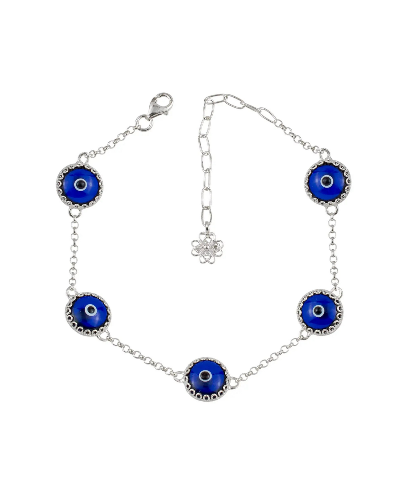 5 Beads Dark Blue Evil Eye Women Silver Link Bracelet, Goodies N Stuff