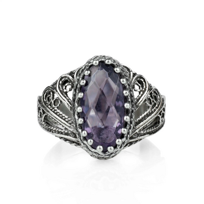 Filigree Art Amethyst Gemstone Angel Design Women Silver Cocktail Ring, Goodies N Stuff