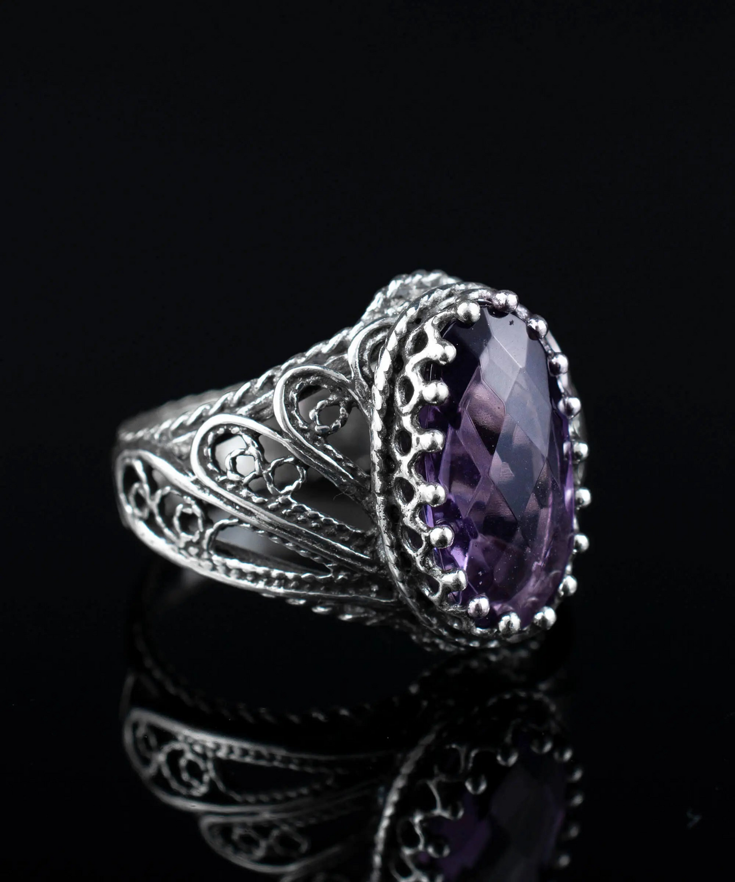 Filigree Art Amethyst Gemstone Angel Design Women Silver Cocktail Ring, Goodies N Stuff