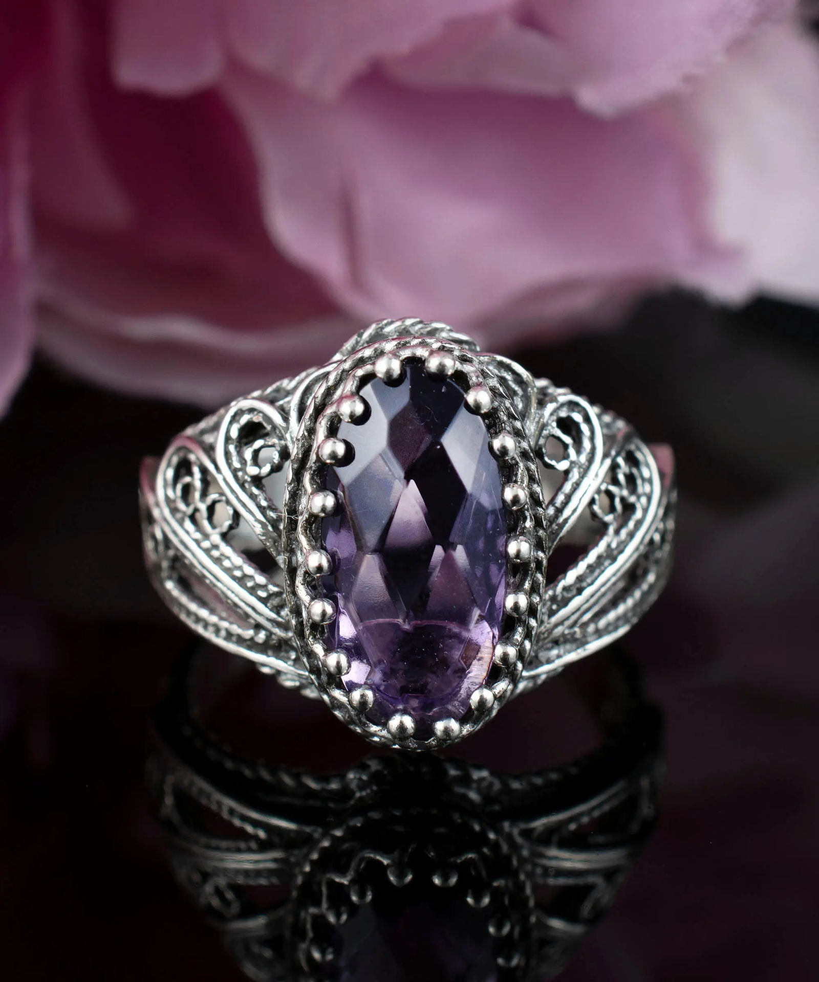 Filigree Art Amethyst Gemstone Angel Design Women Silver Cocktail Ring, Goodies N Stuff