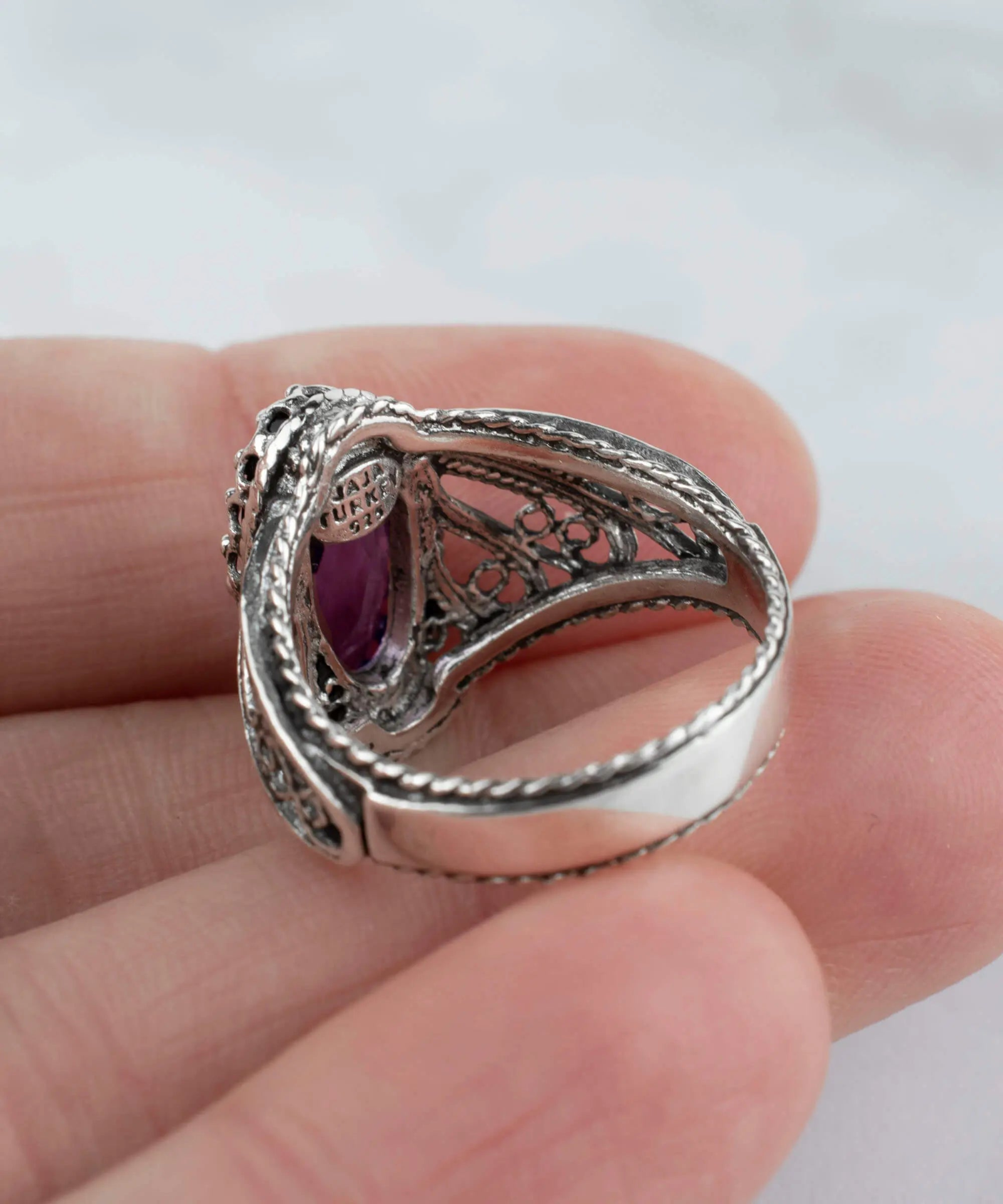 Filigree Art Amethyst Gemstone Angel Design Women Silver Cocktail Ring, Goodies N Stuff