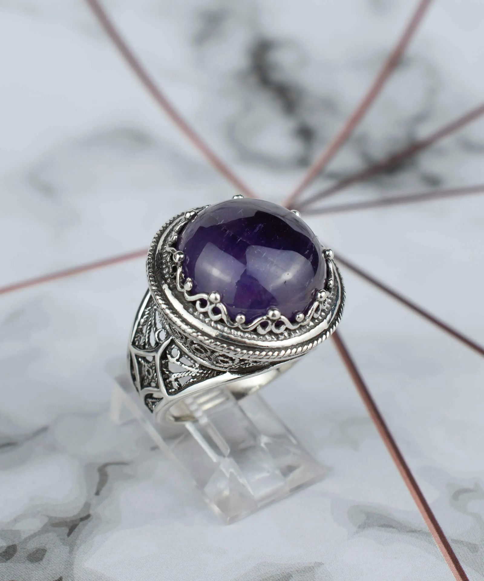 Filigree Art Amethyst Gemstone Women Silver Bold Statement Ring, Goodies N Stuff