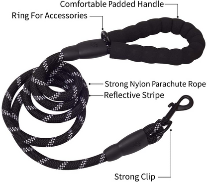 5 FT Thick Highly Reflective Dog Leash- Black, Goodies N Stuff